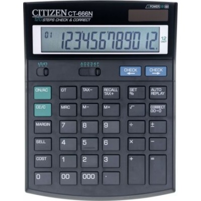 Калькулятор настольный Citizen CT-666N, 12 рязрядов, двойное питание,142*186*37мм,черный